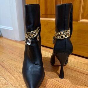 Fashion Nova Black Pointed Stiletto Ankle Boots with Gold Chain & Crystal Drops